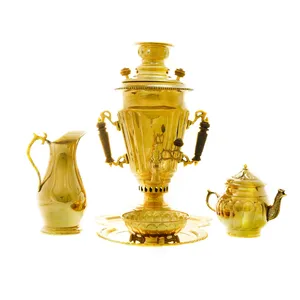 سرویس سماور ذغالی 5 پارچه برنجی مدل سوزنی ترک دار کد 4317