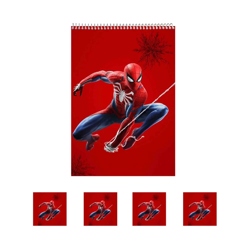 دفتر نقاشی 50 برگ مدل مرد عنکبوتی کد A2 به همراه برچسب مجموعه 5 عددی