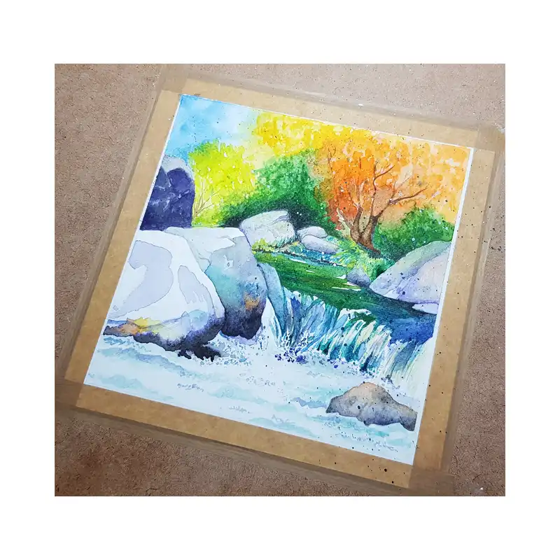 نقاشی آبرنگ طرح آبشار پاییزی