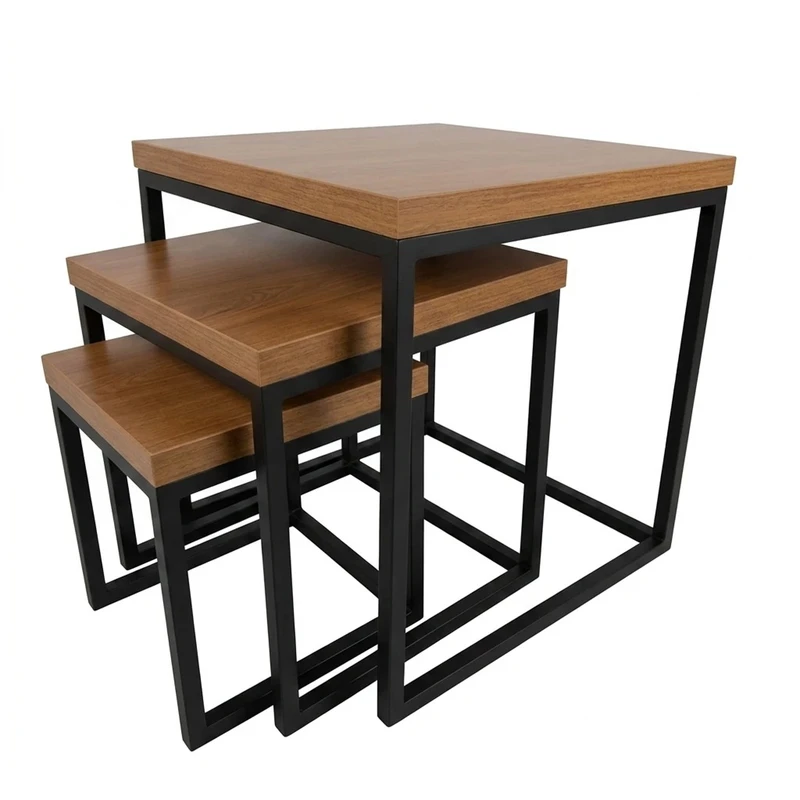 میز عسلی مربع با پایه فلز و صفحه ملامینه مدل Iron-2 مجموعه 3 عددی