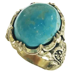 انگشتر نقره مردانه مدل قلمزنی گل بهشتی فیروزه نیشابوری