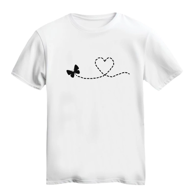 تی شرت آستین کوتاه زنانه مدل پروانه و قلب خطی