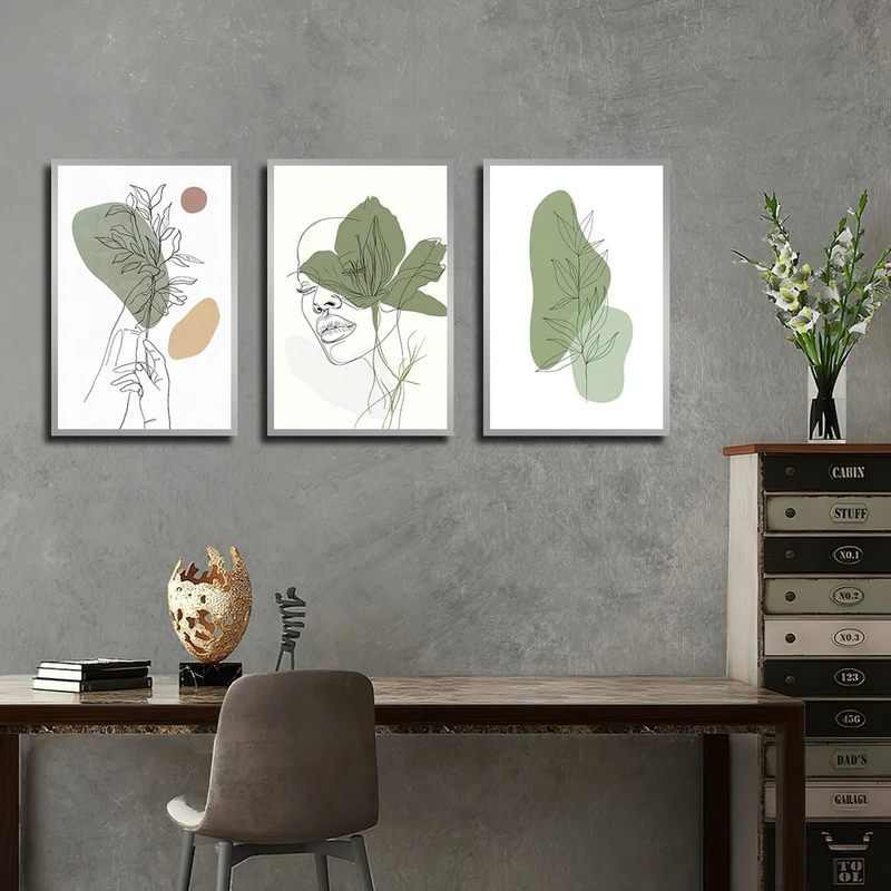 تابلو بکلیت طرح نقاشی مینیمال چهره و برگ مدل SI-3924 فریم نقره ای مجموعه 3 عددی