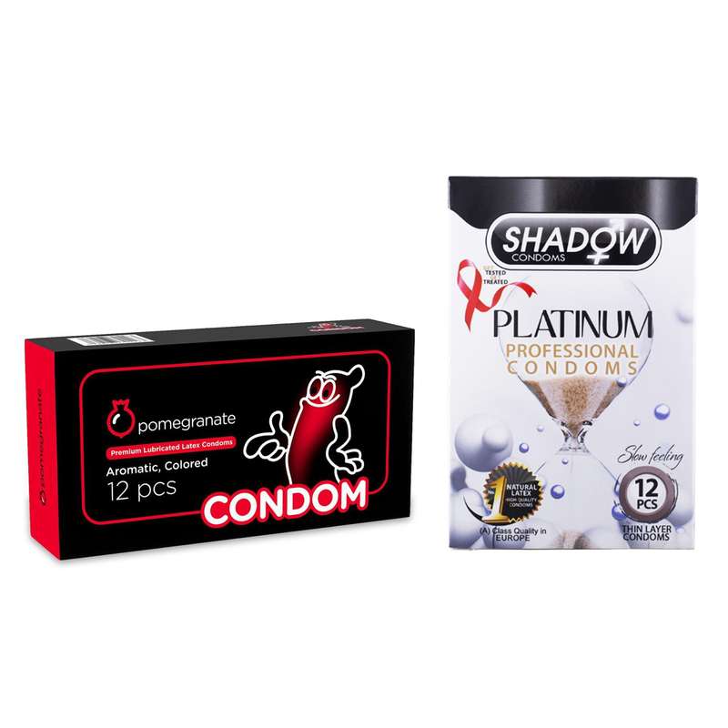 کاندوم شادو مدل Platinum بسته 12 عددی به همراه کاندوم کاندوم مدل Pomegranate بسته 12 عددی
