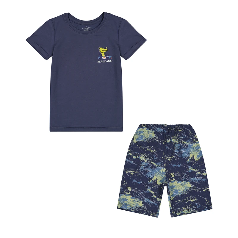 ست تی شرت آستین کوتاه و شلوارک پسرانه ناربن مدل دایناسور پلیس