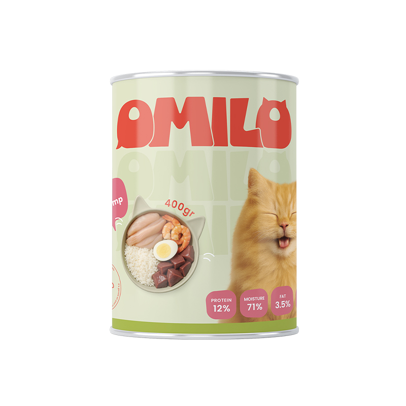 کنسرو غذای گربه اومیلو مدل نچرال طعم مرغ و میگو وزن 400 گرم