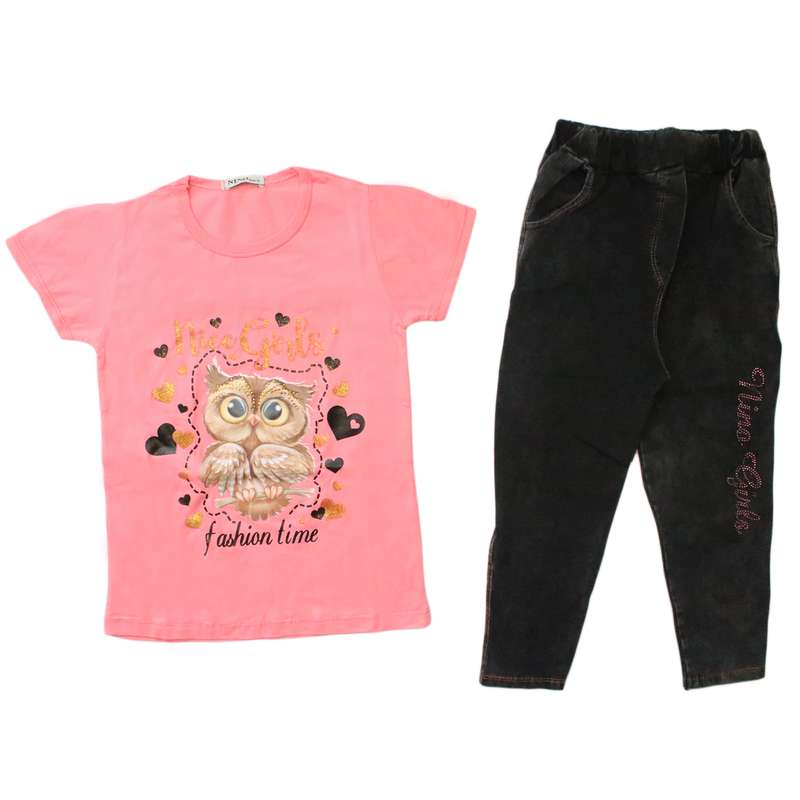 ست تی شرت و شلوار دخترانه مدل جغد نگین دار رنگ صورتی