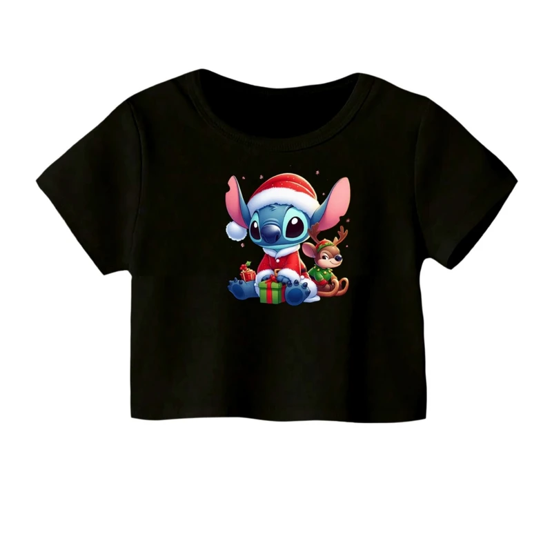 کراپ‌ تی‌شرت آستین کوتاه زنانه مدل استیچ کریسمس کد 1