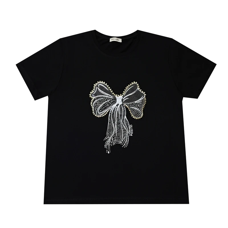 تی‌شرت آستین کوتاه زنانه مدل نگین دار طرح پاپیون کد PN