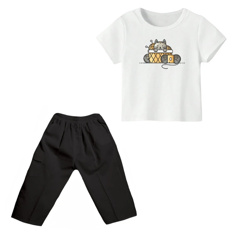 ست تی شرت و شلوارک دخترانه مدل گربه کد ۳