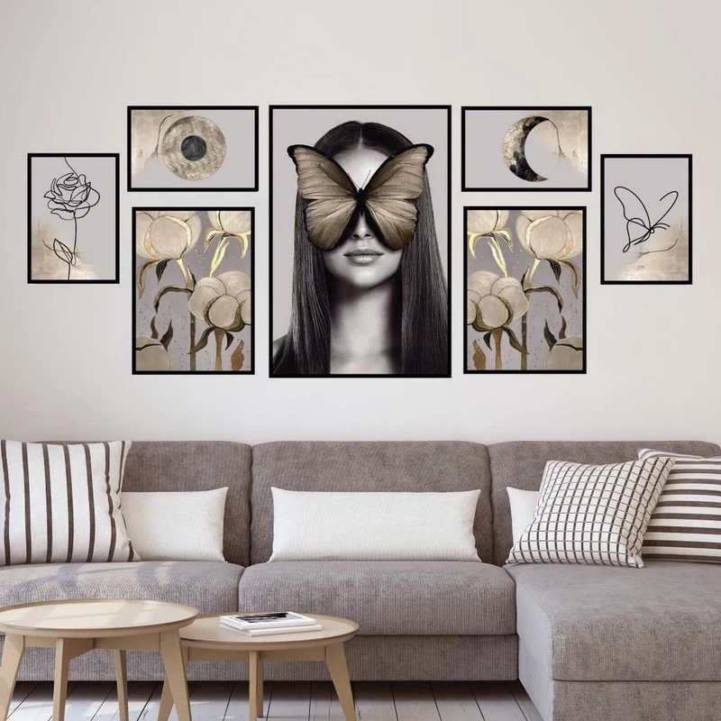 تابلو بکلیت طرح چهره و گل پنبه و مینیمال مدل B-2195 مجموعه 7 عددی