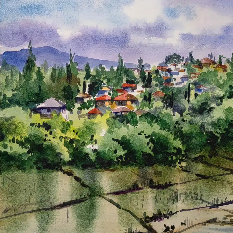 نقاشی آبرنگ طرح طبیعت شالی کد 1028