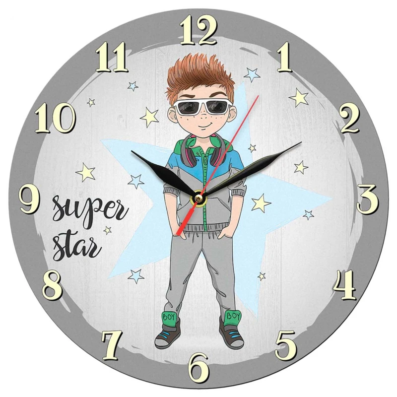ساعت دیواری کودک مدل 1352G طرح پسر بچه سوپر استار