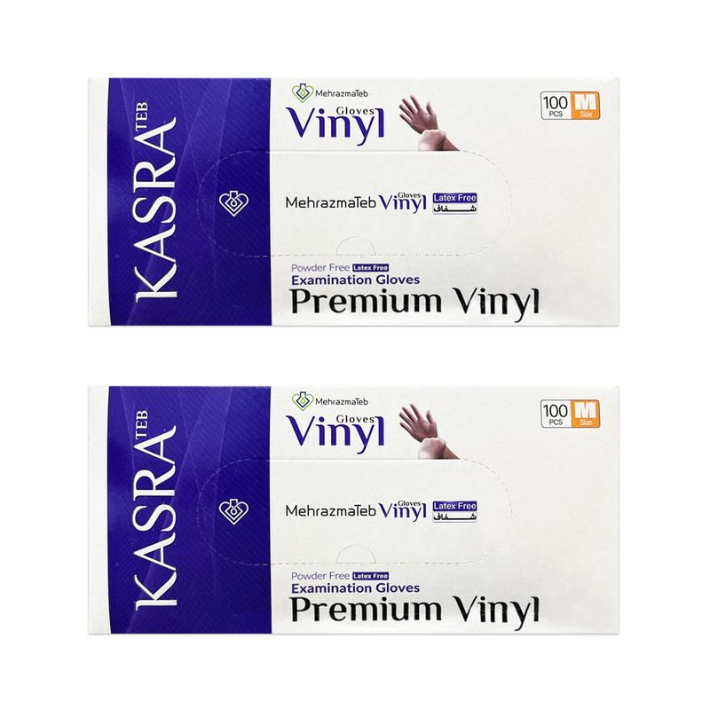 دستکش وینیل غیر پودری کسری طب مدل Latex Free سایز متوسط بسته 2 عددی