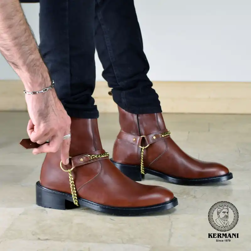 نیم بوت مردانه کرمانی مدل چرم دستدوز طبیعی کد 653 رنگ قهوه ای