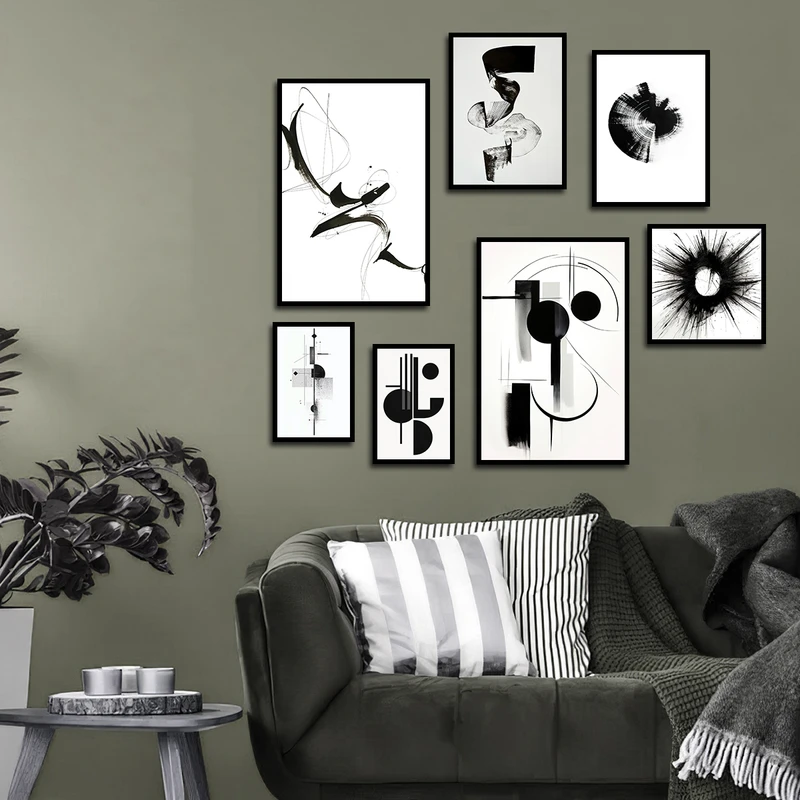 تابلو بکلیت طرح نقاشی انتزاعی و مینیمال مدل B-3509 فریم مشکی مجموعه 7 عددی
