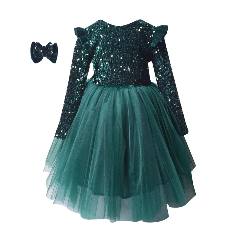 ست پیراهن و گیره مو دخترانه مدل پولکی مجلسی مهمانی آستین دار