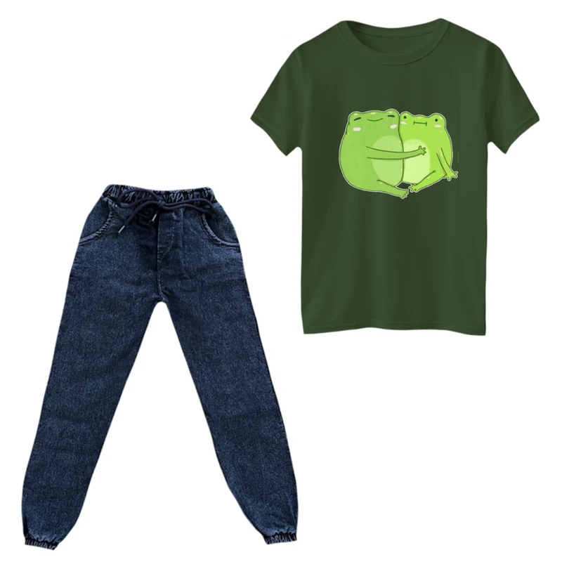 ست تی‌شرت آستین کوتاه و شلوار پسرانه مدل قورباغه عاشق