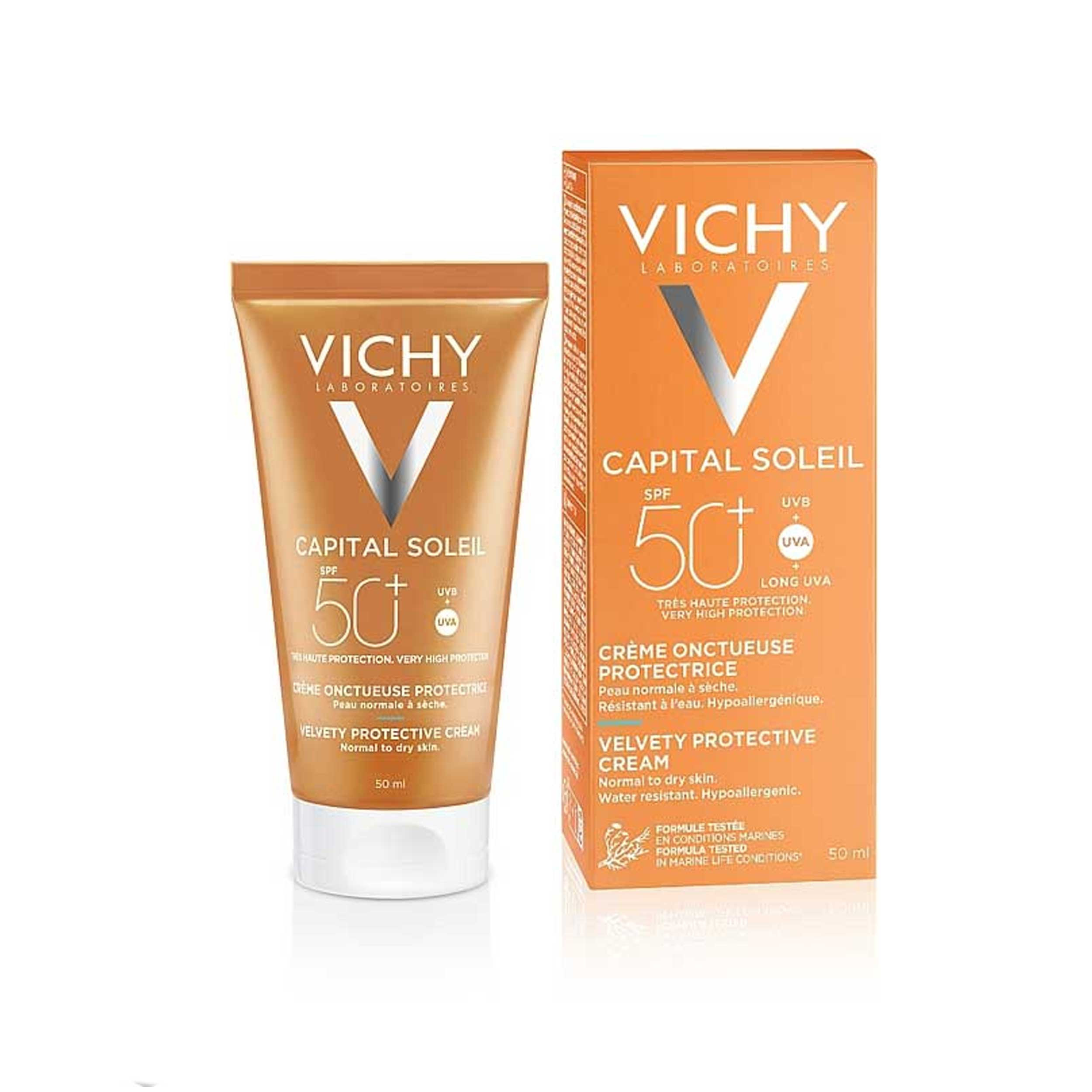 کرم ضدآفتاب بی رنگ ویشی spf 50 مدل velvety protective مناسب پوست های نرمال تا خشک حجم 50 میلی لیتر کرم ضدآفتاب بی رنگ ویشی spf 50 مدل velvety protective مناسب پوست های نرمال تا خشک حجم 50 میلی لیتر