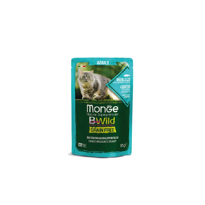 پوچ گربه بالغ مونژه مدل BWILD Shrimps and Vegetables طعم ماهی کاد و میگو وزن 85 گرم