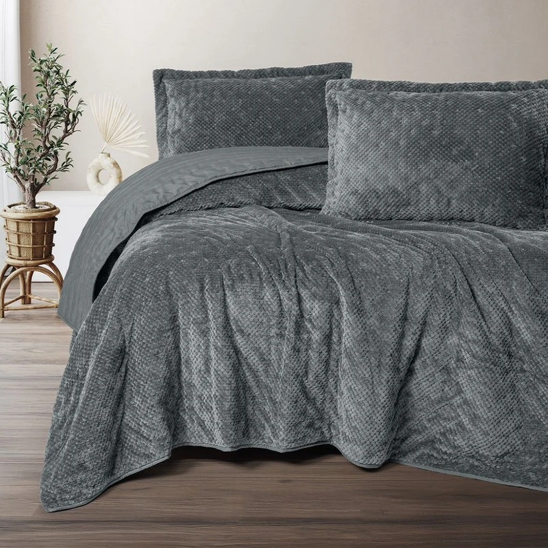 سرویس روتختی 2 نفر 3 تکه کاتن باکس مدل Softness Y.Ortusu Boleta Koyu Gri C.K