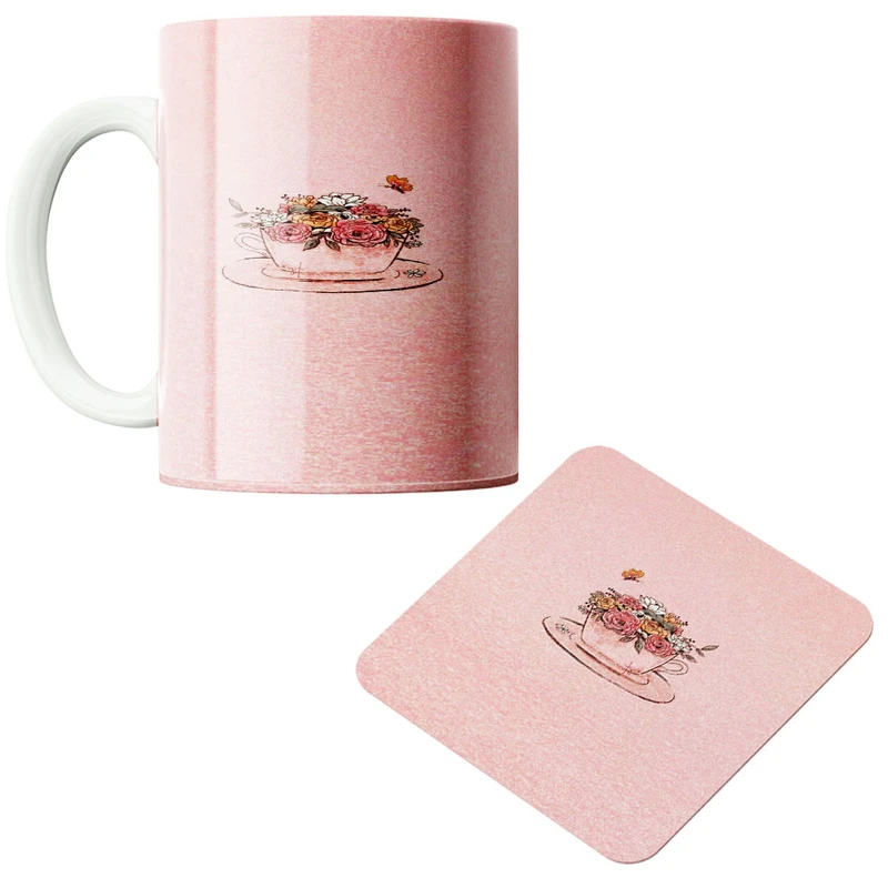 ماگ پادآفرین مدل گل کد 434 به همراه زیر لیوانی