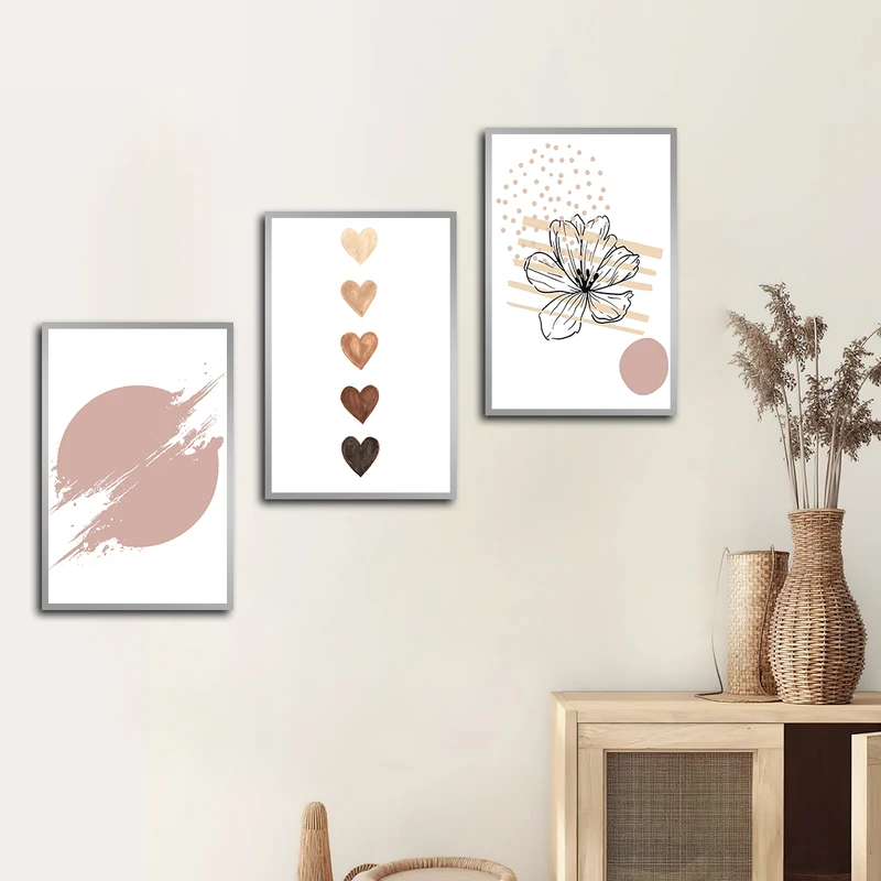 تابلو بکلیت طرح نقاشی مینیمال قلب و گل مدل SI-3300 فریم نقره ای مجموعه 3 عددی