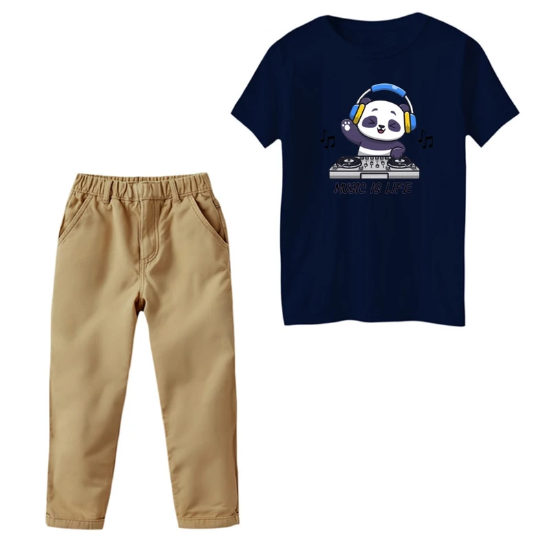 ست تی‌شرت و شلوار پسرانه مدل پاندا موزیک رنگ سرمه ای