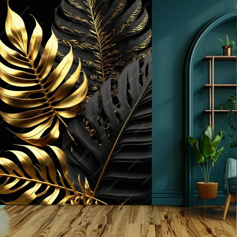 کاغذ دیواری طرح برگ فانتزی مدل طلا کد KF600