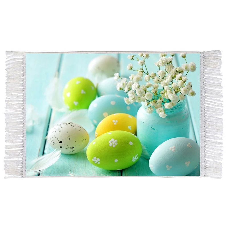 فرش ماشینی دیوارکوب اطلس آبی طرح تخم مرغ رنگی و گل مدل T1421