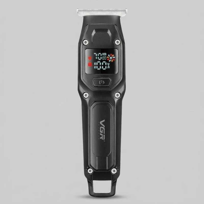 ماشین اصلاح موی سر و صورت وی جی ار مدل V-964 با تیغه کربن استیل، باتری لیتیومی 600 میلی‌آمپر، نمایشگر وضعیت باتری، عملکرد توربو، طراحی ارگونومیک و 3 شانه خط زن سایز 1، 2 و 3 میلی‌متر