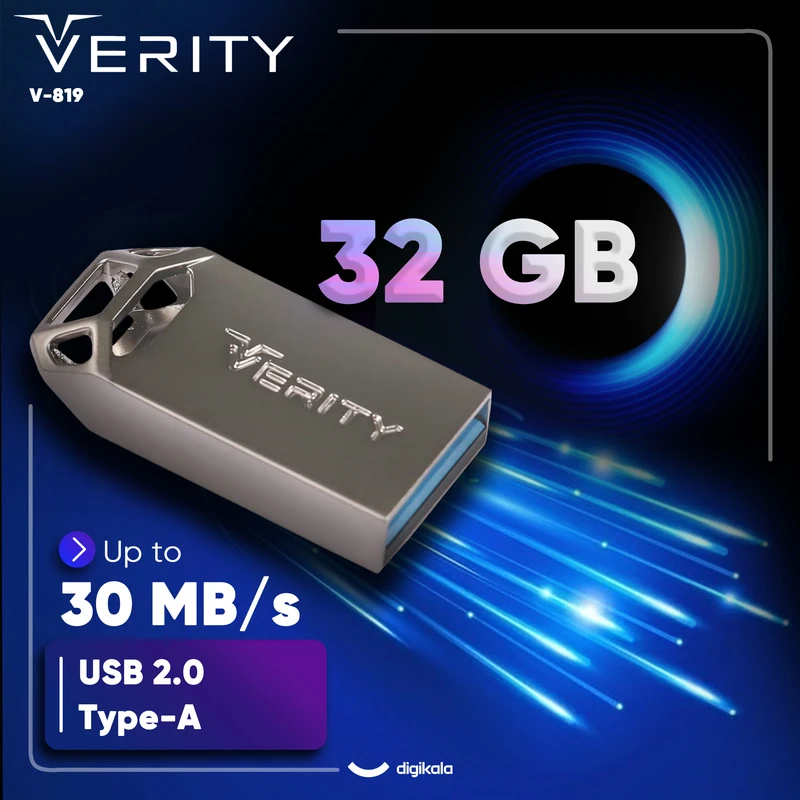 عکس شماره 3 : فلش مموری 32 گیگابایت وریتی مدل v-819 با رابط usb 2.0، بدنه فلزی مقاوم و ضد خش، سرعت انتقال 30 مگابایت بر ثانیه، سازگار با گوشی، تبلت، کامپیوتر و تلویزیون
