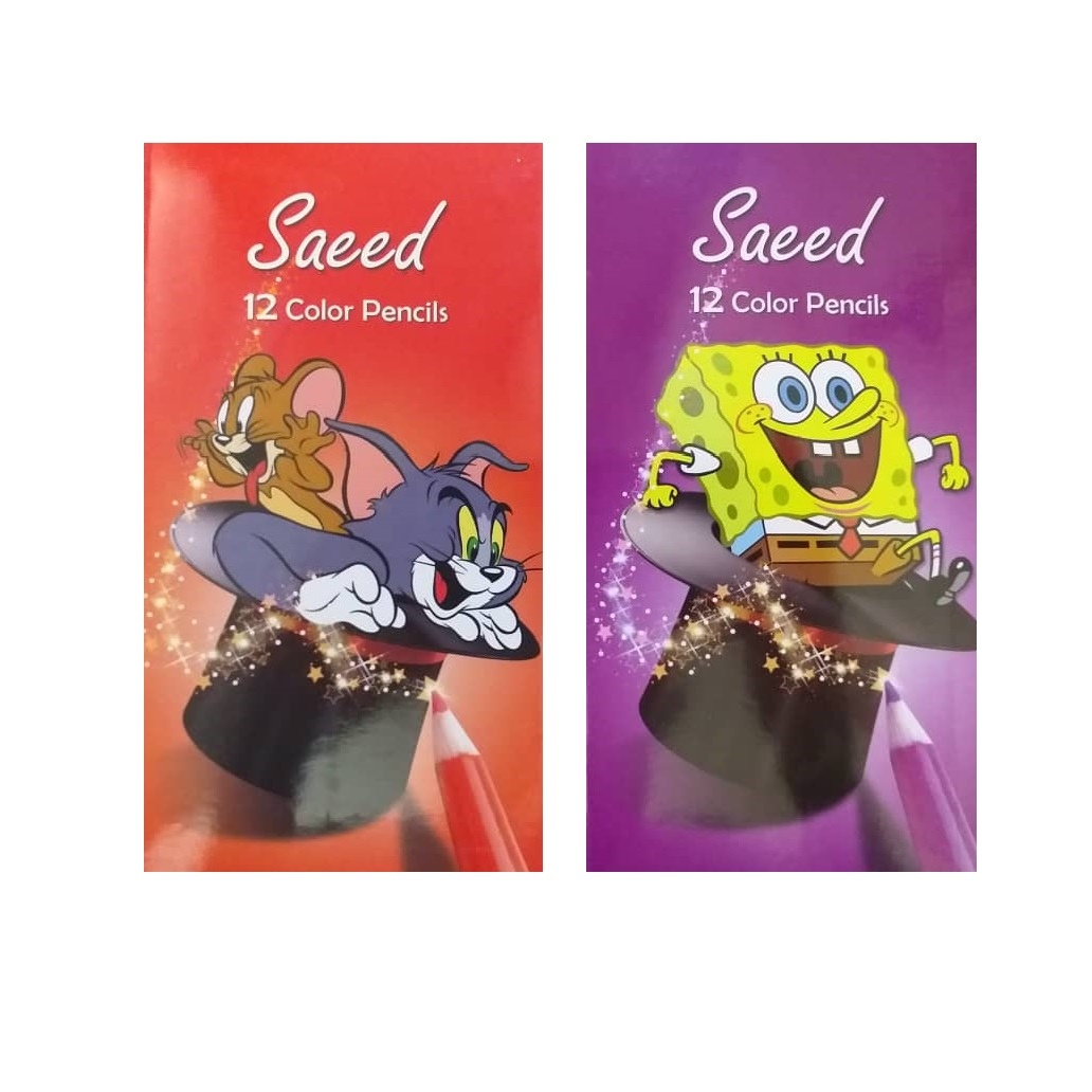 مداد رنگی 12 رنگ سعید مدل باب اسفنجی و تام و جری بسته 2 عددی