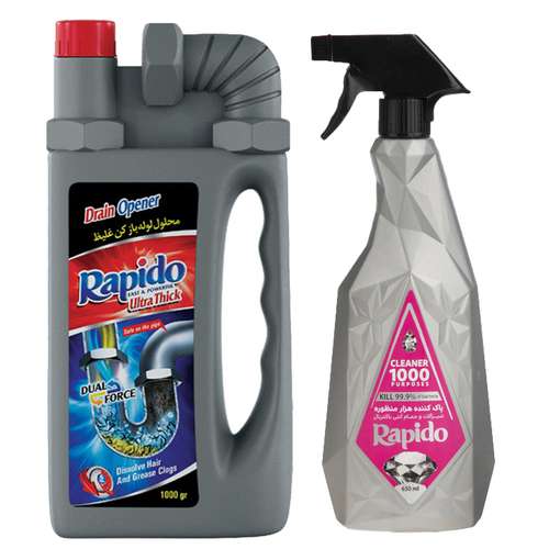 اسپری پاک کننده هزارمنظوره راپیدو مدل شیرآلات و حمام آنتی باکتریال حجم 650 میلی لیتر به همراه محلول لوله باز کن راپیدو مدل چنته حجم 1000 میلی لیتر