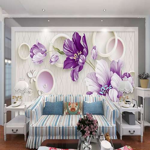 پوستر دیواری سه بعدی مدل شاخه گل بنفش زمینه موج دار هندسی حلقه DVRF2160