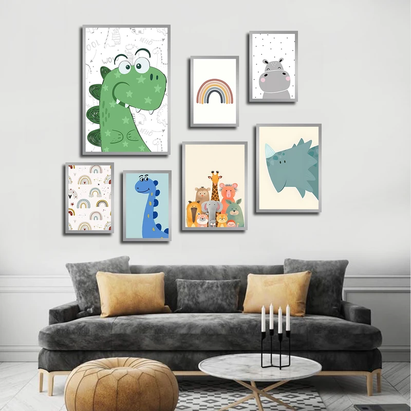تابلو بکلیت طرح نقاشی حیوانات دایناسور و کودکانه مدل SI-3684 فریم نقره ای مجموعه 7 عددی
