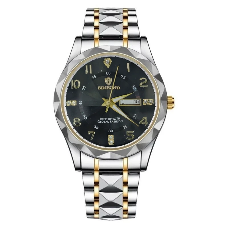 ساعت مچی عقربه‌ای کوارتز مردانه بین باند مدل الماسی دو تقویمه قفل مخفی بند استیل کد 007