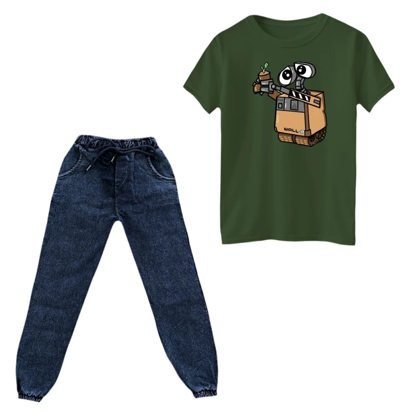 ست تی‌شرت و شلوار پسرانه مدل والی و گلدان رنگ یشمی