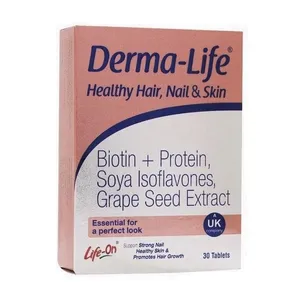 قرص مکمل سلامت پوست، مو و ناخن درما لایف Healthy Hair, Nail & Skin بسته 30 عددی با ترکیبات روی، ویتامین D، منیزیم و آهن برای حفظ استحکام و تقویت مو، ناخن و ترمیم پوست