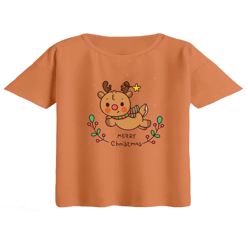 کراپ تی‌شرت آستین کوتاه زنانه مدل گوزن کریسمس کد 10