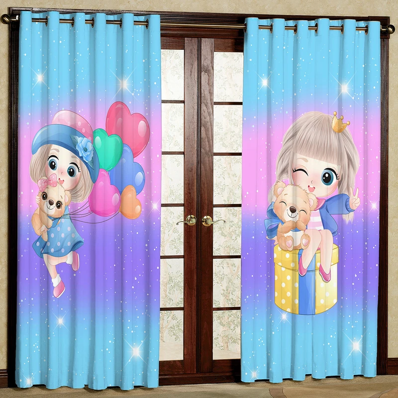 پرده طرح کودک دختر و بادکنک مدل مخمل پانچی کد 2_4666 W سایز 140x202 سانتی متر