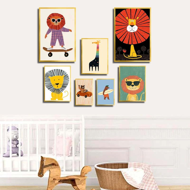 تابلو بکلیت طرح نقاشی حیوانات شیر مدل T-3784 فریم طلایی مجموعه 7 عددی