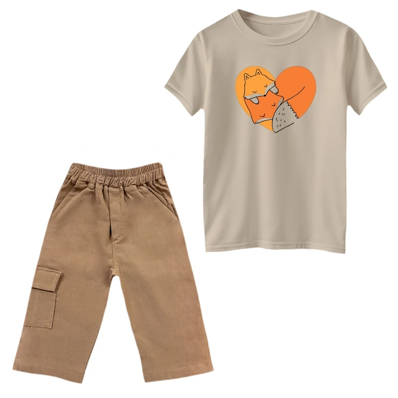 ست تی‌شرت و شلوارک دخترانه مدل دو روباه رنگ کرم 