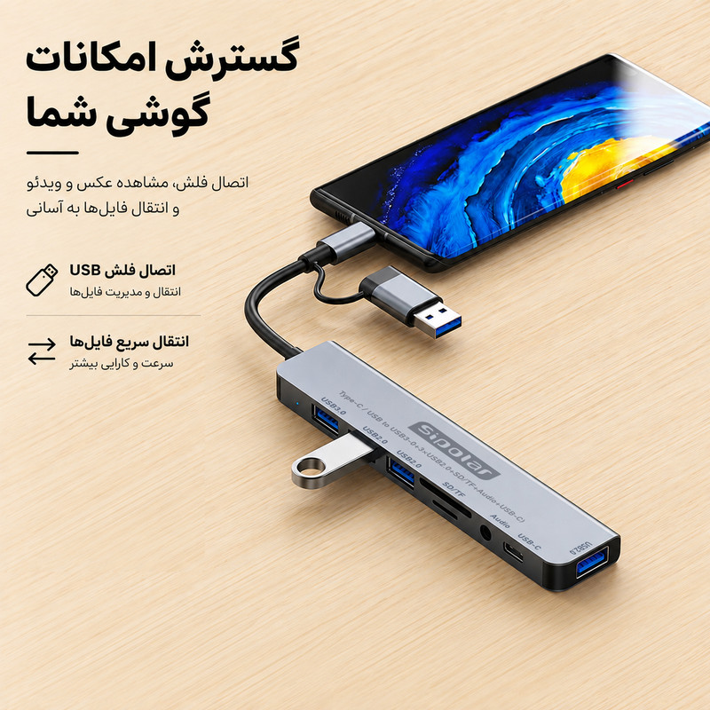 هاب 8 پورت USB/USB-C سیپولار مدل USB/Type-C to Audio