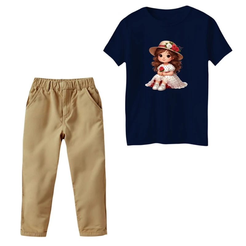 ست تی‌شرت و شلوار دخترانه مدل دخترک کد 02 رنگ سرمه ای