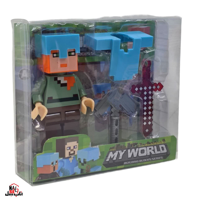 فیگور ناب سل مدل  ماینکرافت همراه با ابزار جنگ طرح MY WORLD کدNAAB 002 ارتفاع 9 سانتی متر