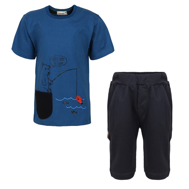 ست تی شرت و شلوارک پسرانه مدل خرس ماهیگیر رنگ آبی