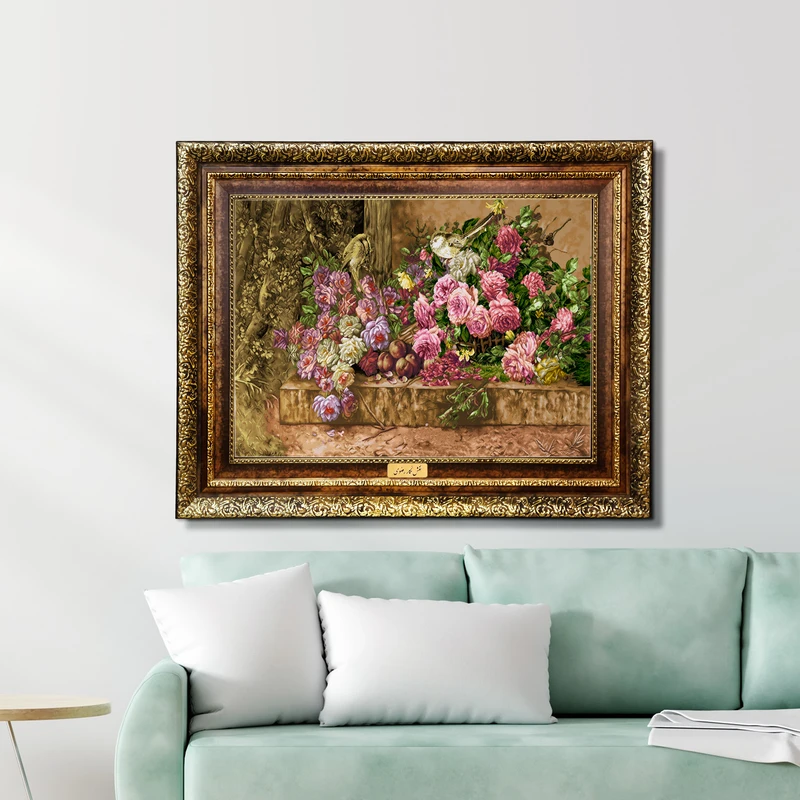 تابلو فرش ماشینی نقش نگار رضوی طرح گل کد 2175H