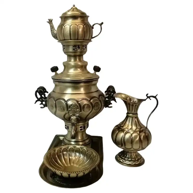 سرویس سماور ذغالی 5 پارچه برنجی مدل گل کد D3L-g