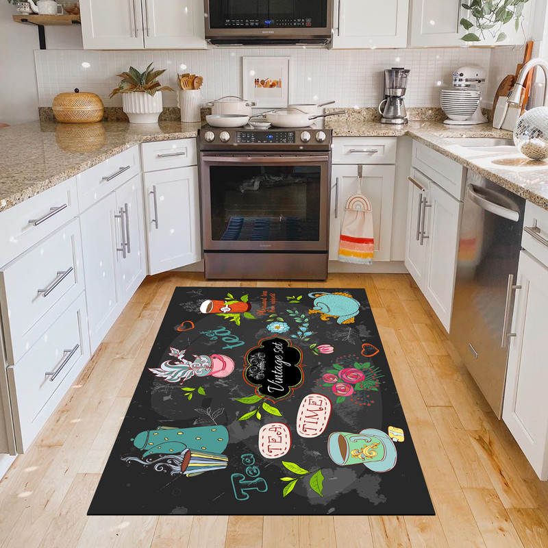 فرش پارچه ای مدل آشپزخانه طرح فانتزی چای عصرانه کد 6011